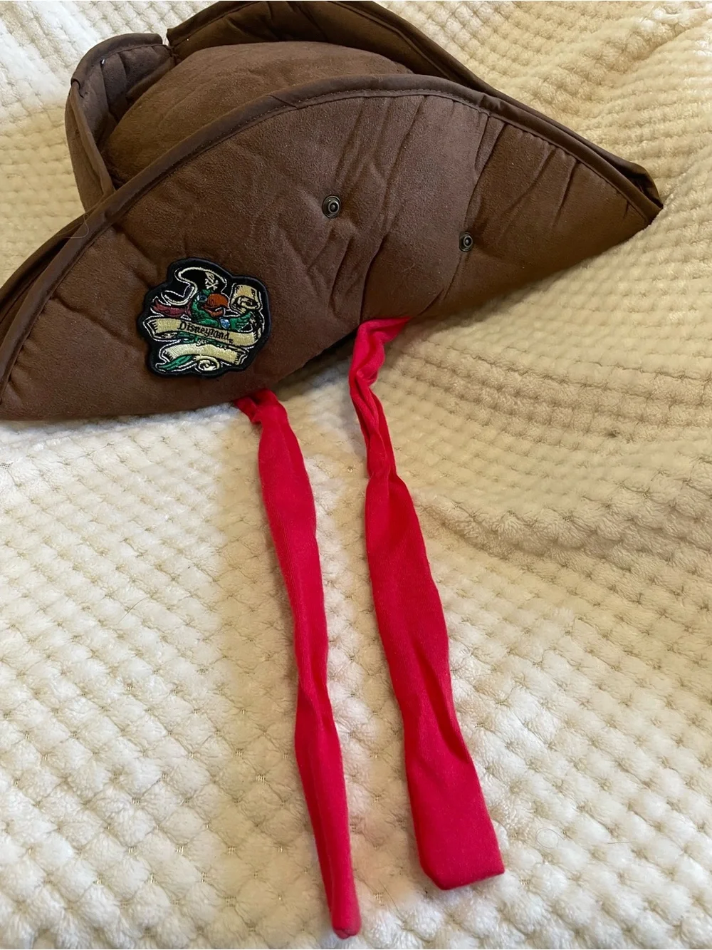 Disneyland Brown Pirate Tricorn Hat with Red Ties and Pirate Patches